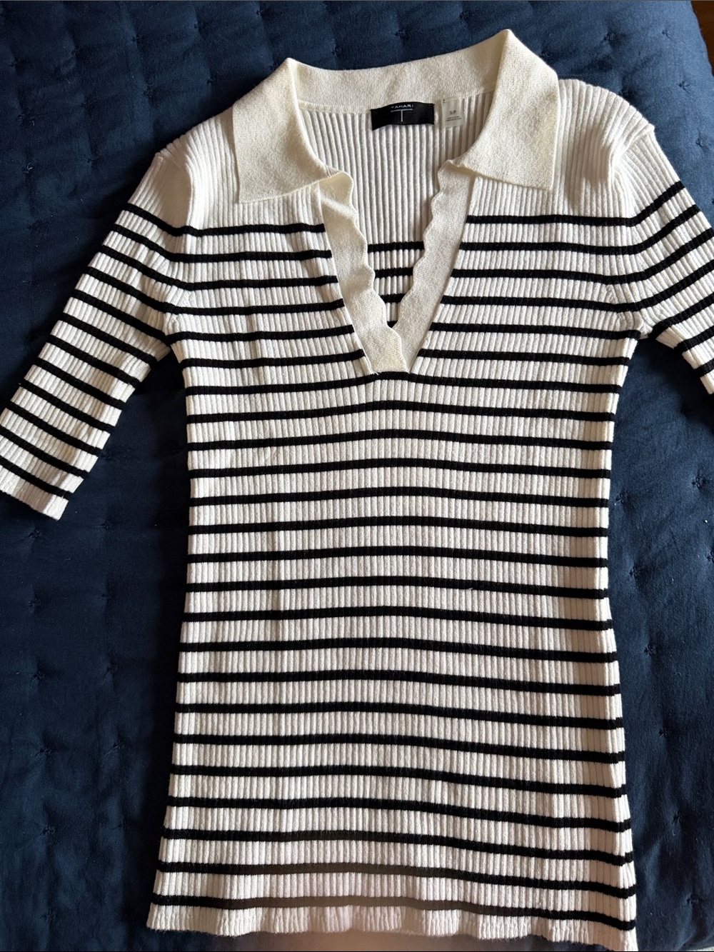 Tahari White and Black knit Striped Ribbed Polo Top